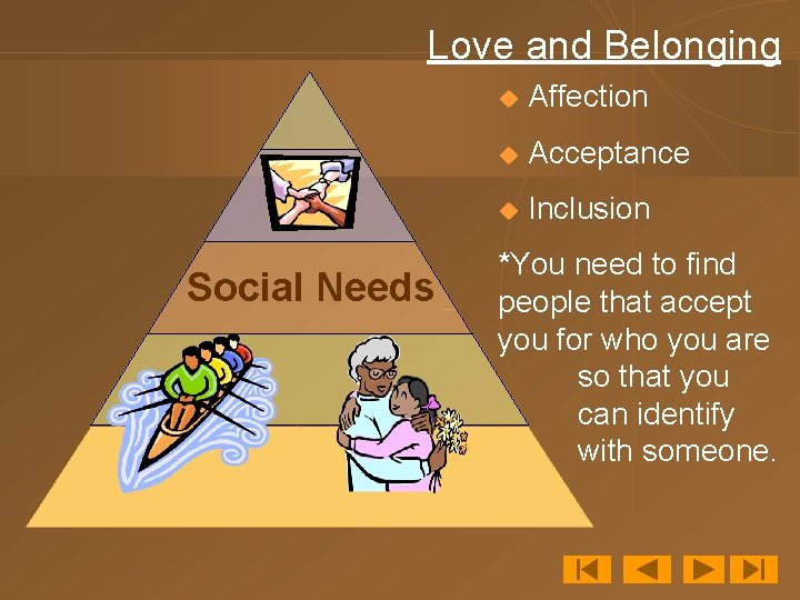 Love and Belonging Social Needs u Affection u Acceptance u Inclusion *You need to