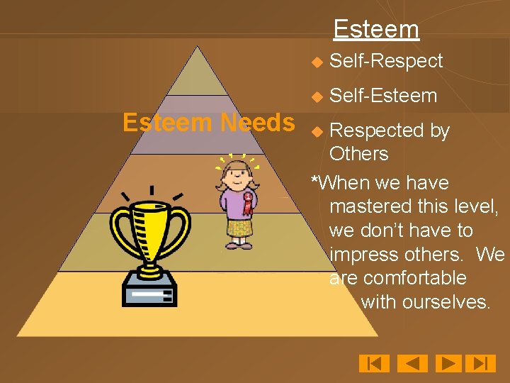 Esteem Needs u Self-Respect u Self-Esteem Respected by Others *When we have mastered this