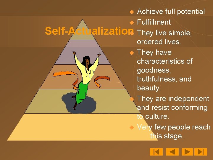 u u Self-Actualizationu u Achieve full potential Fulfillment They live simple, ordered lives. They
