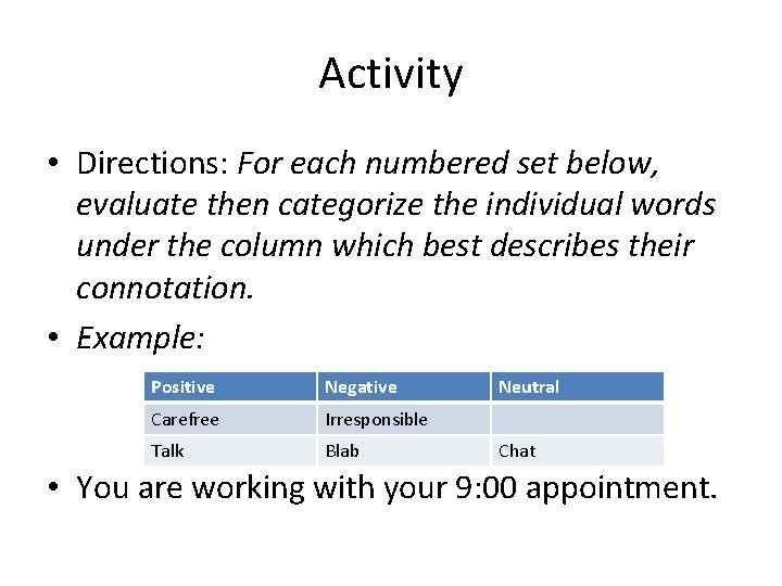 Activity • Directions: For each numbered set below, evaluate then categorize the individual words