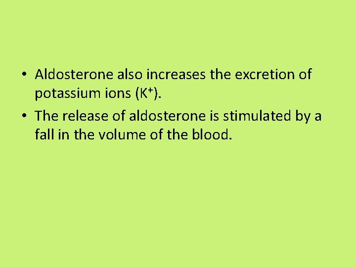  • Aldosterone also increases the excretion of potassium ions (K+). • The release