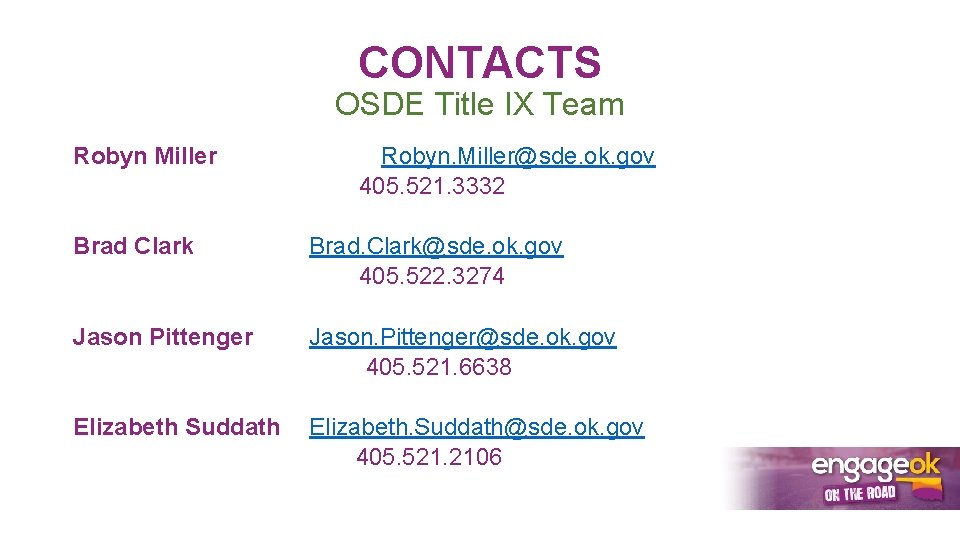CONTACTS OSDE Title IX Team Robyn Miller Robyn. Miller@sde. ok. gov 405. 521. 3332
