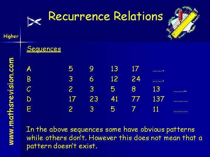 Recurrence Relations Higher www. mathsrevision. com Sequences A B C D E 5 3