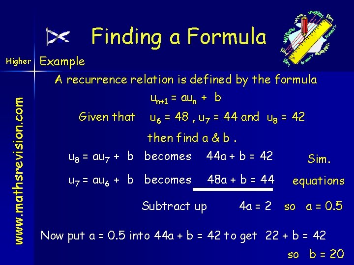 Finding a Formula www. mathsrevision. com Higher Example A recurrence relation is defined by