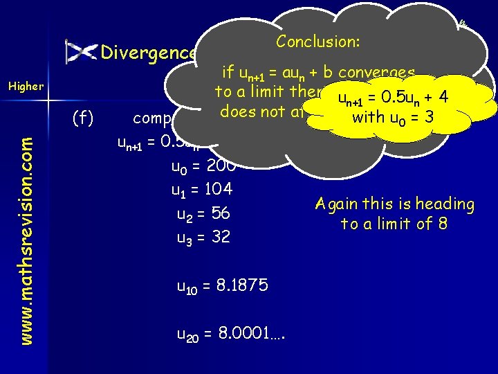 Conclusion: Divergence / Convergence/Limits Higher www. mathsrevision. com (f) if un+1 = aun +