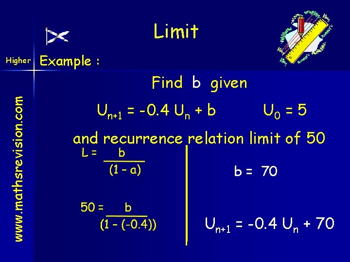 Limit Higher Example : www. mathsrevision. com Find b given Un+1 = -0. 4