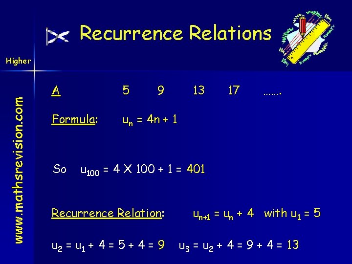 Recurrence Relations www. mathsrevision. com Higher A 5 Formula: un = 4 n +