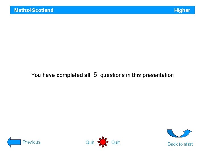 Maths 4 Scotland Higher You have completed all 6 questions in this presentation Previous