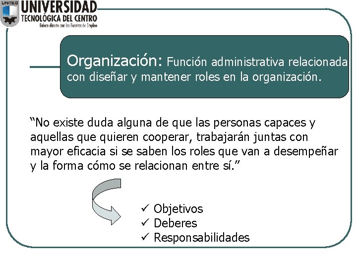 Organización: Función administrativa relacionada con diseñar y mantener roles en la organización. “No existe