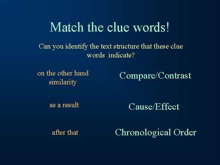 Match the clue words! Can you identify the text structure that these clue words