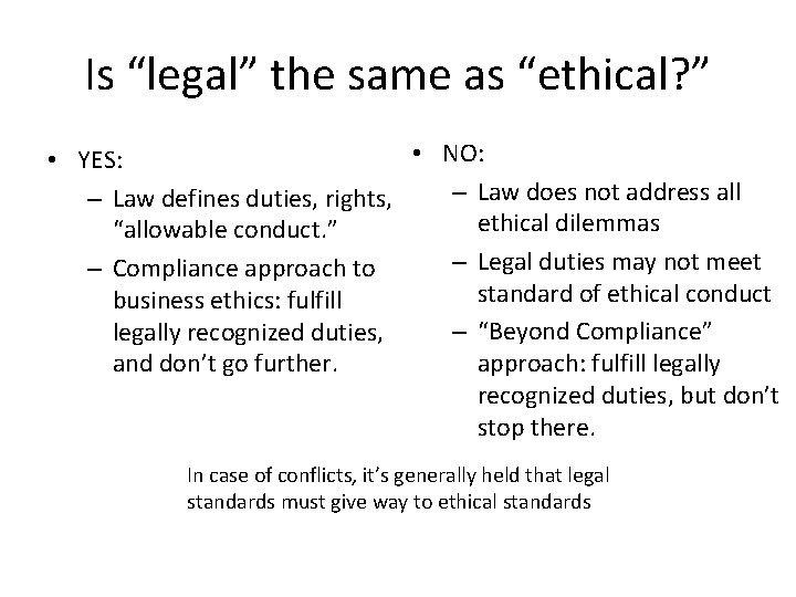 Is “legal” the same as “ethical? ” • NO: • YES: – Law does