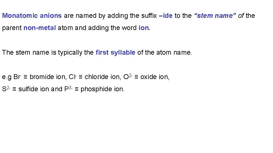 Monatomic anions are named by adding the suffix –ide to the “stem name” of