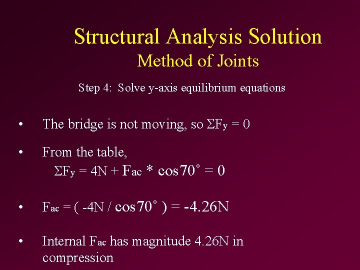 Structural Analysis Solution Method of Joints Step 4: Solve y-axis equilibrium equations • The