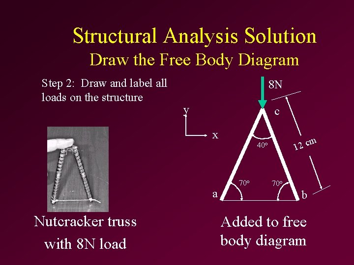 Structural Analysis Solution Draw the Free Body Diagram Step 2: Draw and label all