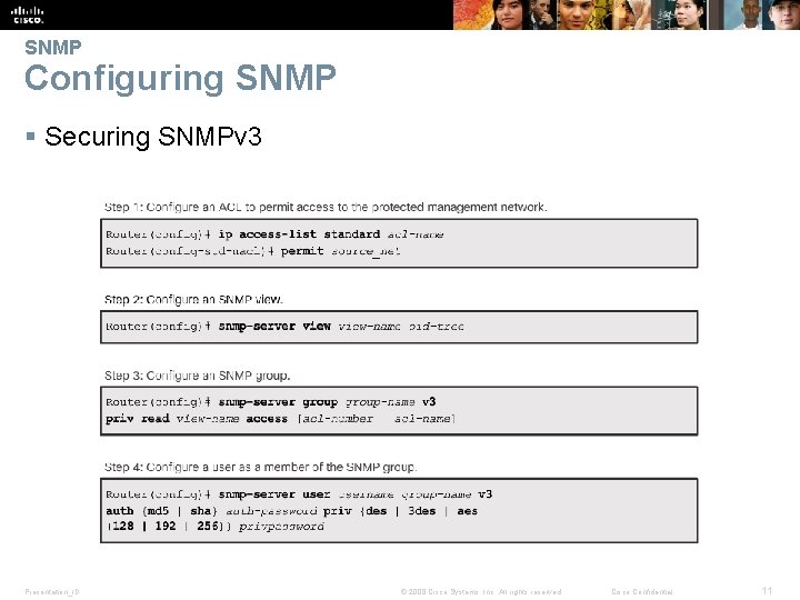 SNMP Configuring SNMP § Securing SNMPv 3 Presentation_ID © 2008 Cisco Systems, Inc. All