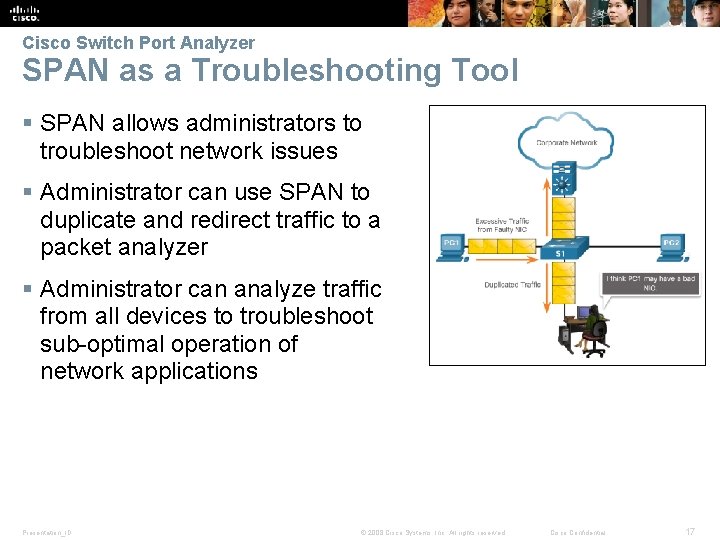 Cisco Switch Port Analyzer SPAN as a Troubleshooting Tool § SPAN allows administrators to