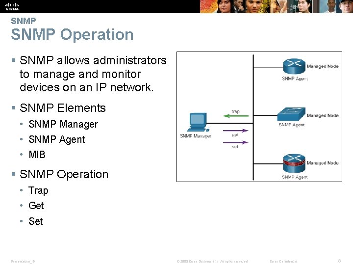 SNMP Operation § SNMP allows administrators to manage and monitor devices on an IP