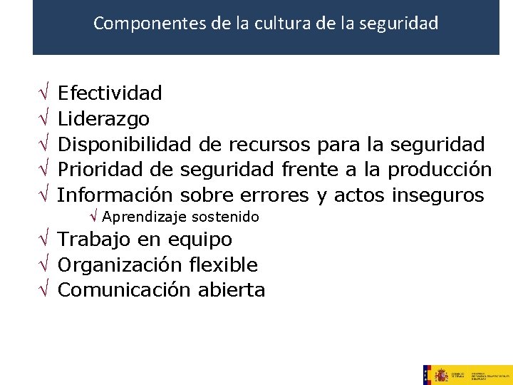 Componentes de la cultura de la seguridad √ √ √ Efectividad Liderazgo Disponibilidad de Componentes de la cultura de la seguridad √ √ √ Efectividad Liderazgo Disponibilidad de