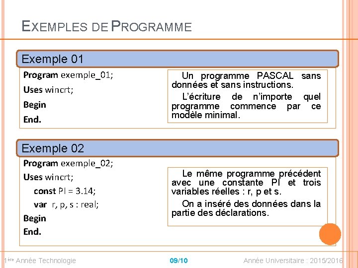 EXEMPLES DE PROGRAMME Exemple 01 Program exemple_01; Uses wincrt; Begin End. Un programme PASCAL