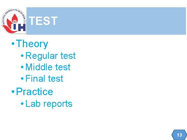 TEST • Theory • Regular test • Middle test • Final test • Practice