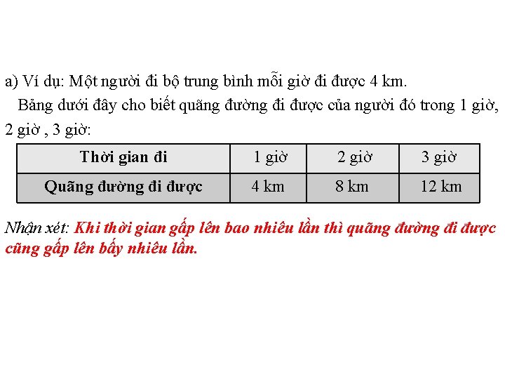 a) Ví dụ: Một người đi bộ trung bình mỗi giờ đi được 4