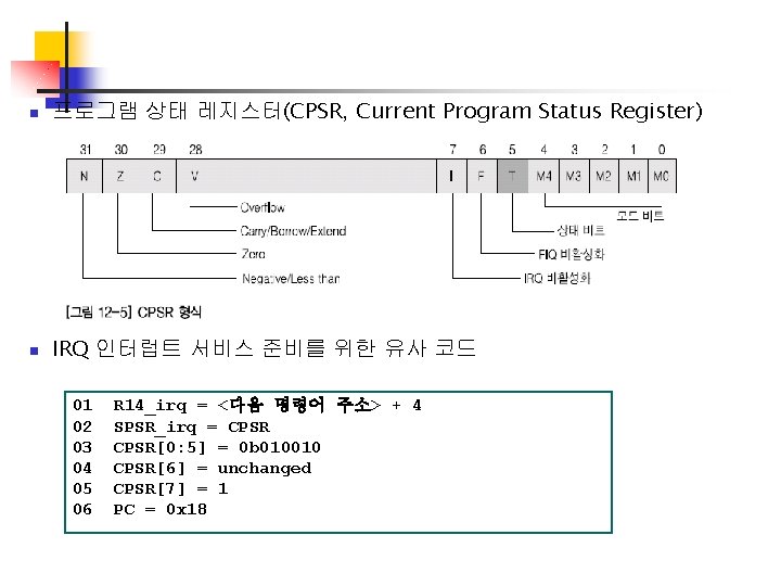 n 프로그램 상태 레지스터(CPSR, Current Program Status Register) n IRQ 인터럽트 서비스 준비를 위한
