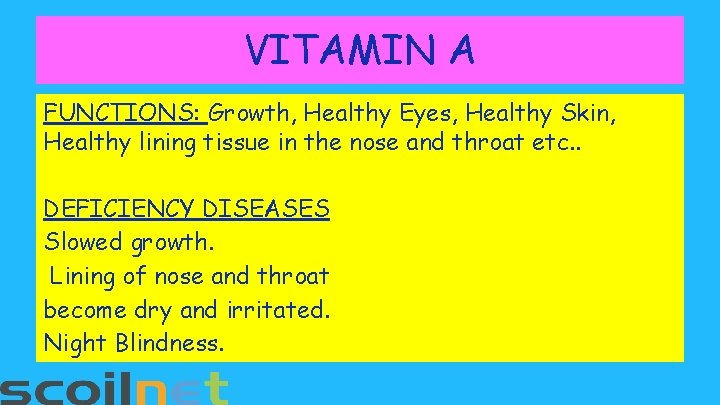 VITAMIN A FUNCTIONS: Growth, Healthy Eyes, Healthy Skin, Healthy lining tissue in the nose