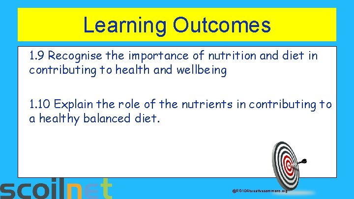 Learning Outcomes 1. 9 Recognise the importance of nutrition and diet in contributing to