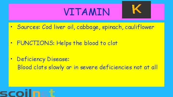 VITAMIN • Sources: Cod liver oil, cabbage, spinach, cauliflower • FUNCTIONS: Helps the blood