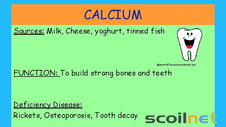 CALCIUM Sources: Milk, Cheese, yoghurt, tinned fish @tawm 1972/creativecommons. org FUNCTION: To build strong
