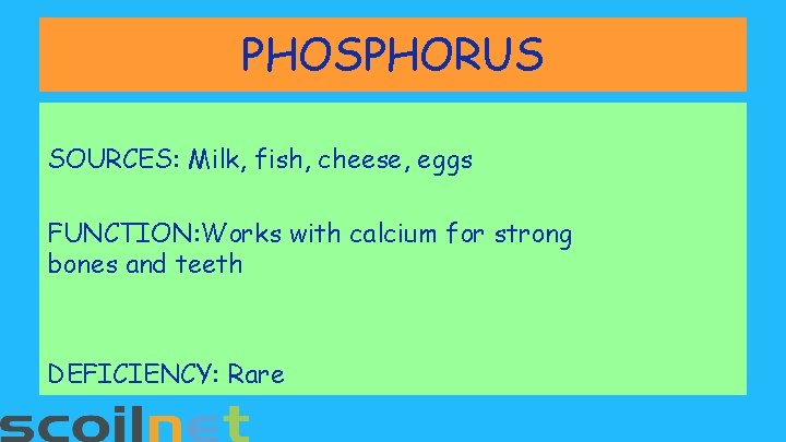 PHOSPHORUS SOURCES: Milk, fish, cheese, eggs FUNCTION: Works with calcium for strong bones and