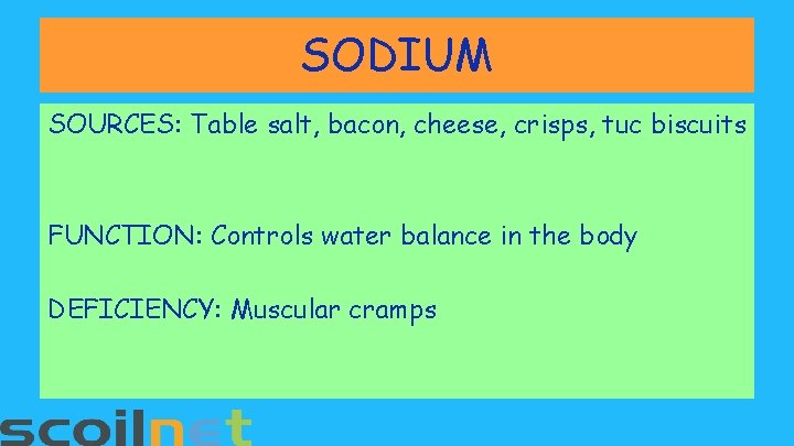 SODIUM SOURCES: Table salt, bacon, cheese, crisps, tuc biscuits FUNCTION: Controls water balance in