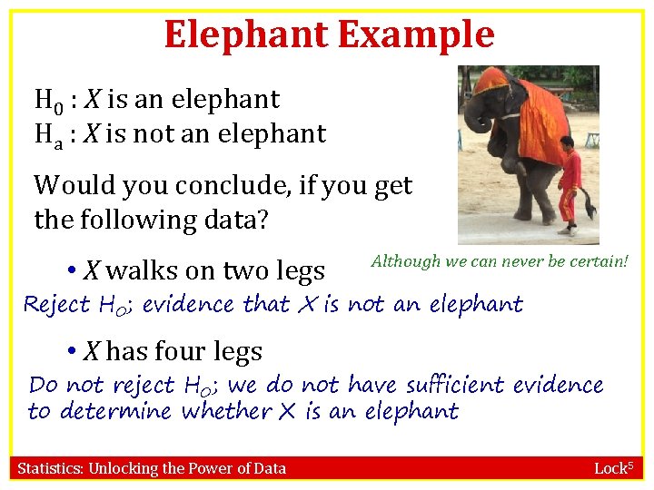 Elephant Example H 0 : X is an elephant Ha : X is not Elephant Example H 0 : X is an elephant Ha : X is not