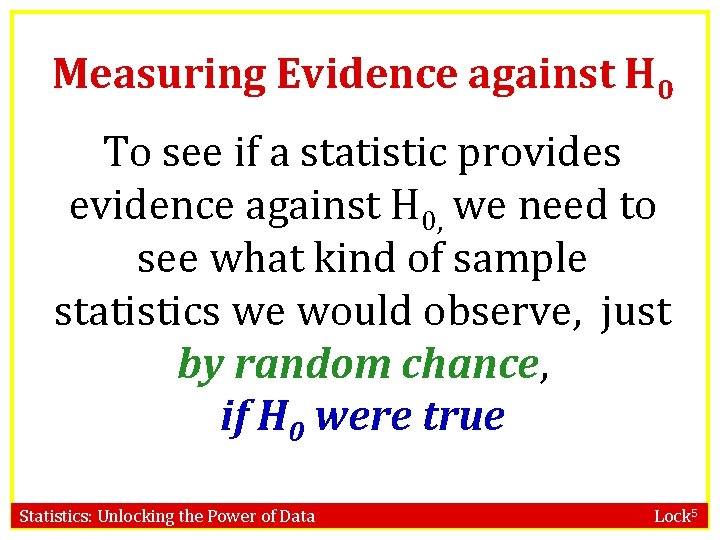 Measuring Evidence against H 0 To see if a statistic provides evidence against H Measuring Evidence against H 0 To see if a statistic provides evidence against H