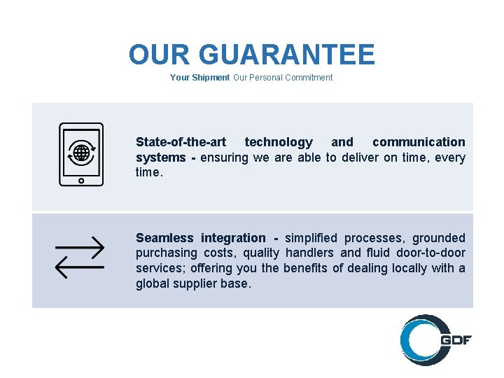 OUR GUARANTEE Your Shipment Our Personal Commitment State-of-the-art technology and communication systems - ensuring