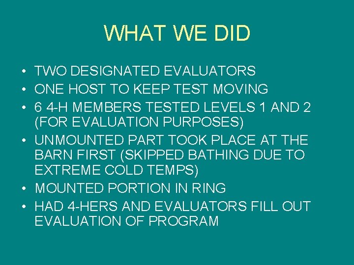 WHAT WE DID • TWO DESIGNATED EVALUATORS • ONE HOST TO KEEP TEST MOVING
