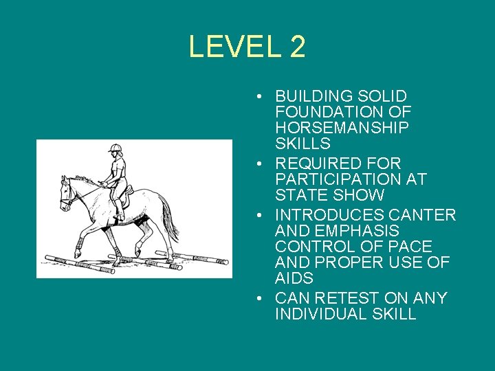 LEVEL 2 • BUILDING SOLID FOUNDATION OF HORSEMANSHIP SKILLS • REQUIRED FOR PARTICIPATION AT