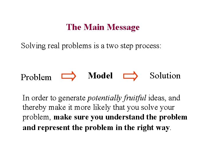 The Main Message Solving real problems is a two step process: Problem Model Solution