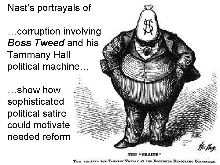 Nast’s portrayals of …corruption involving Boss Tweed and his Tammany Hall political machine… …show