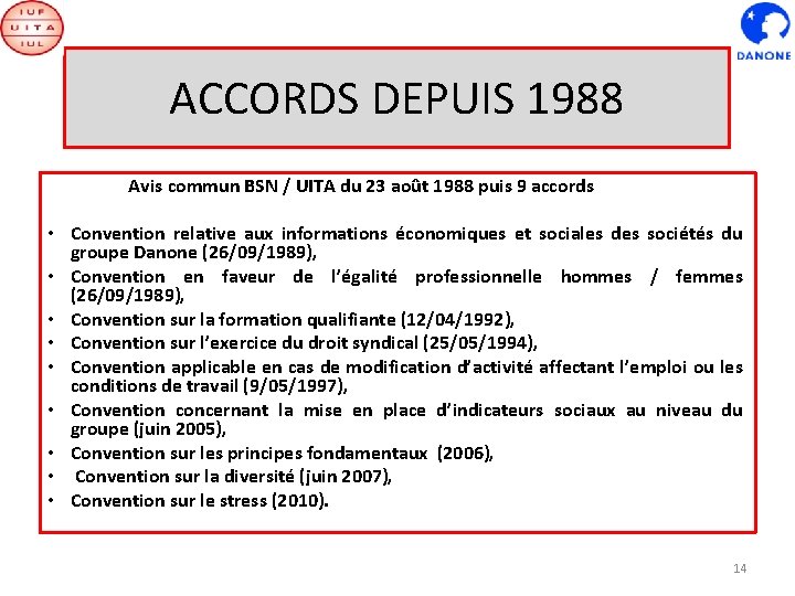 ACCORDS DEPUIS 1988 Avis commun BSN / UITA du 23 août 1988 puis 9