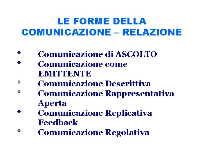 LE FORME DELLA COMUNICAZIONE – RELAZIONE * * * Comunicazione di ASCOLTO Comunicazione come