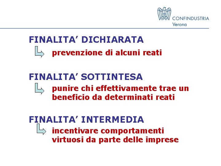 FINALITA’ DICHIARATA prevenzione di alcuni reati FINALITA’ SOTTINTESA punire chi effettivamente trae un beneficio