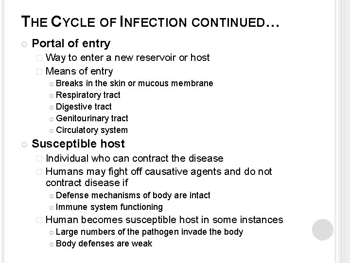 THE CYCLE OF INFECTION CONTINUED… Portal of entry � Way to enter a new