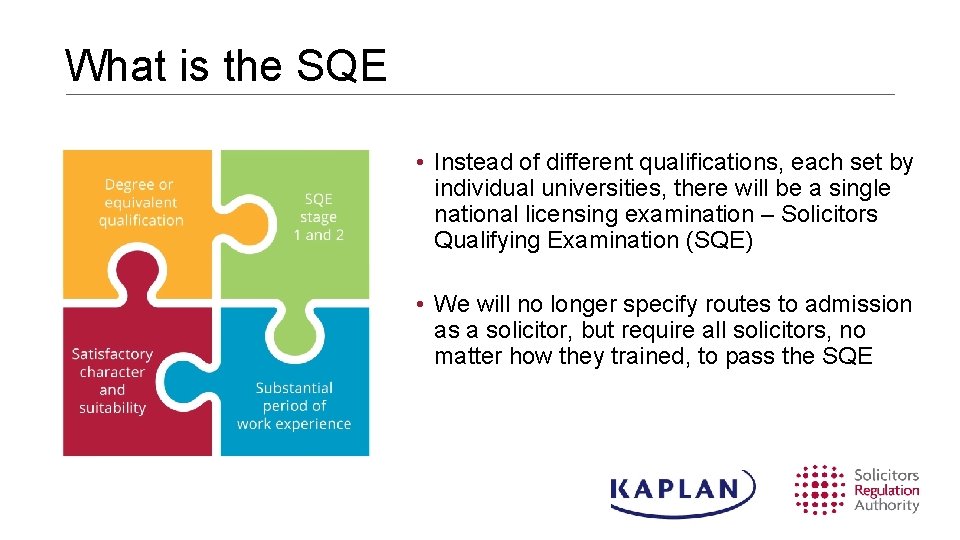 What is the SQE • Instead of different qualifications, each set by individual universities, What is the SQE • Instead of different qualifications, each set by individual universities,
