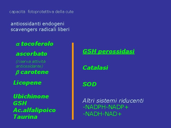 capacità fotoprotettiva della cute antiossidanti endogeni scavengers radicali liberi tocoferolo ascorbato (riserva attività antiossidante) capacità fotoprotettiva della cute antiossidanti endogeni scavengers radicali liberi tocoferolo ascorbato (riserva attività antiossidante)