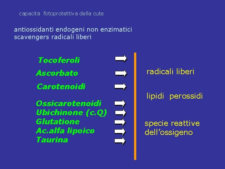 capacità fotoprotettiva della cute antiossidanti endogeni non enzimatici scavengers radicali liberi Tocoferoli Ascorbato radicali