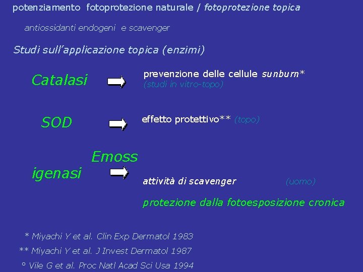 potenziamento fotoprotezione naturale / fotoprotezione topica antiossidanti endogeni e scavenger Studi sull’applicazione topica (enzimi)