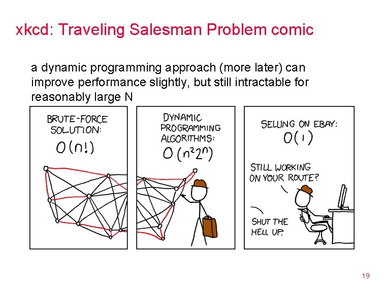 xkcd: Traveling Salesman Problem comic a dynamic programming approach (more later) can improve performance xkcd: Traveling Salesman Problem comic a dynamic programming approach (more later) can improve performance