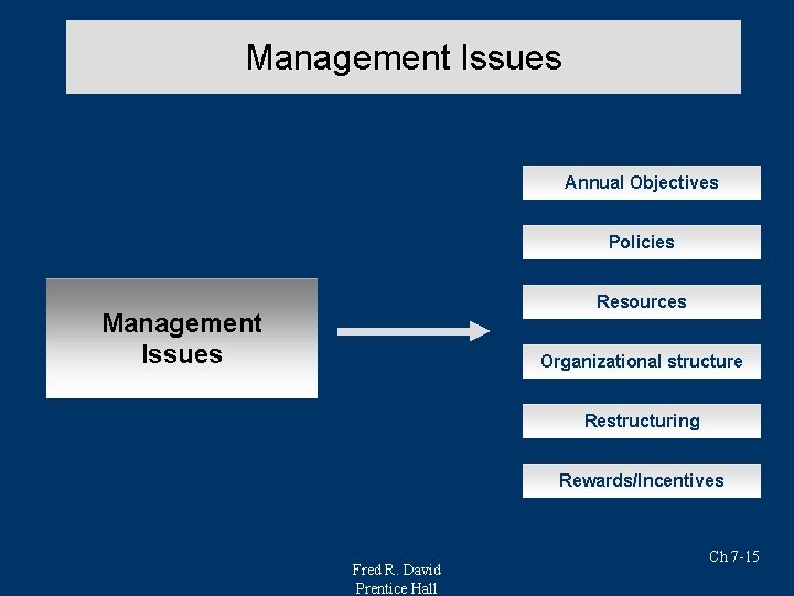 Management Issues Annual Objectives Policies Resources Management Issues Organizational structure Restructuring Rewards/Incentives Fred R.