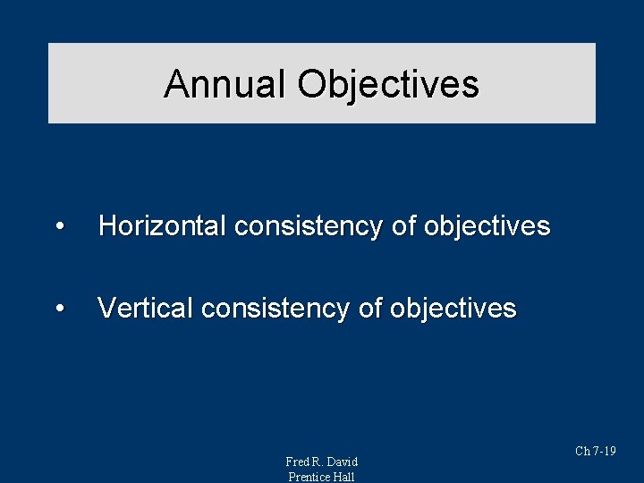Annual Objectives • Horizontal consistency of objectives • Vertical consistency of objectives Fred R.